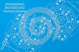 Mechanical engineering drawings on blue background. Milling machine spindle. Technical Design. Cover. Blueprint.