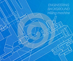 Mechanical engineering drawings on blue background. Milling machine spindle. Technical Design. Cover. Blueprint. Vector