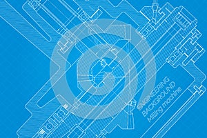 Mechanical engineering drawings on blue background. Milling machine spindle. Technical Design. Cover. Blueprint.