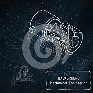 Mechanical engineering drawings on blue blackboard