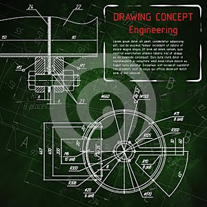 Mechanical engineering drawings on green blackboard