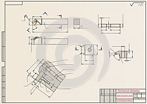 Mechanical engineering drawings on light background. Cutter, assembly tool with replaceable multi-faceted plate