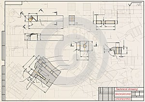 Mechanical engineering drawings on light background. Cutter, assembly tool with replaceable multi-faceted plate