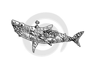 Mechanical fish. Hand drawn vector illustration.