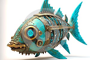 mechanical fish robot with turquoise eyes and fins