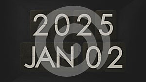Mechanical flip clock switches from DECEMBER 2024 to JANUARY 2025. Vintage device steampunk flip calendar Happy New Year