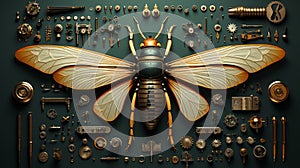 Mechanical fly with organized spare parts background. Made with Generative AI