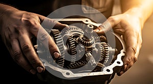 Mechanical Gear System Inside Engine with Hands Handling Precision Components