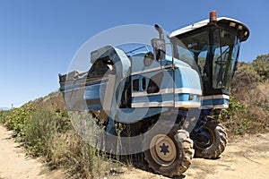 A mechanical grape harvesting machine on a wine farm in the Swartland region of South Africa.