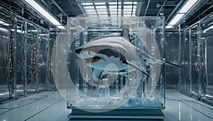 mechanical great white shark trapped in an ice cube and connected to computers for experiments