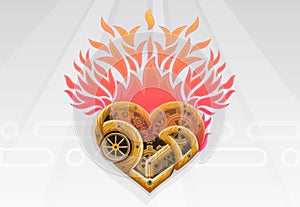 Mechanical Heart on Fire. Golden Heart. Technology, Robots, Cybernetics