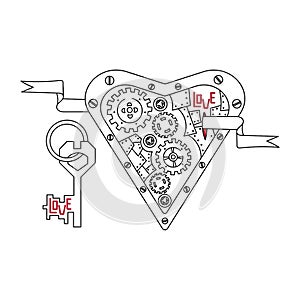 Mechanical heart, the key to the lock in the Steampunk style. Love - text. Vector