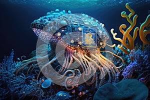 Mechanical imaginary underwater creature, part animal part device, detailed shell and many tentacles underwater. AI generative