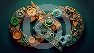 Mechanical Infinity Loop with Gears and Arrows for Continuous Process