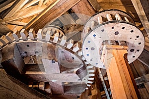 Mechanical interior of an old fashioned flour mill the netherlands