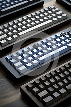 mechanical keyboards with distinct color schemes on a wooden surface, showcasing compact design and modern aesthetics
