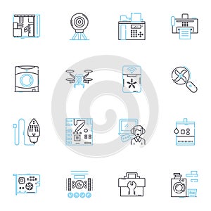 Mechanical machinery linear icons set. Gears, Pistons, Motors, Engines, Bearings, Driveshaft, Hydraulics line vector and