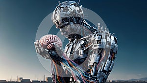 Mechanical Marvel: Humanoid Robot with Human Brain - AI generated image