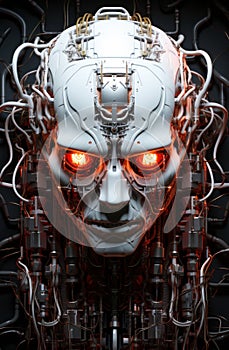 The Mechanical Marvel: A Robot Head Adorned with Red Eyes and Intricate Wires