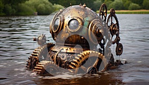 Mechanical mermaid in harbor, AI generated image