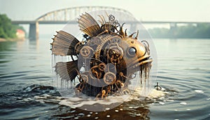 Mechanical mermaid in harbor, AI generated image
