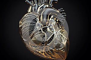 mechanical metal heart of cyborg robot made of anatomical motor shape on a black background. Generative AI