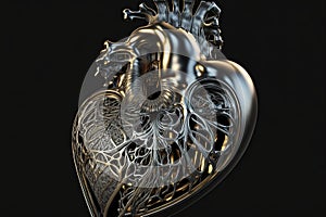 mechanical metal heart of cyborg robot made of anatomical motor shape on a black background. Generative AI