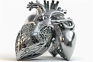 mechanical metal heart of a cyborg robot made of anatomical motor shape on white background. Generative AI