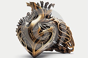 mechanical metal heart of a cyborg robot made of anatomical motor shape on white background. Generative AI