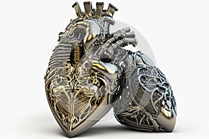 mechanical metal heart of a cyborg robot made of anatomical motor shape on white background. Generative AI