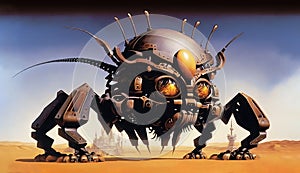 Mechanical, metallic alien creature with big orange eyes in the desert, on dark blue sky background. Generative AI