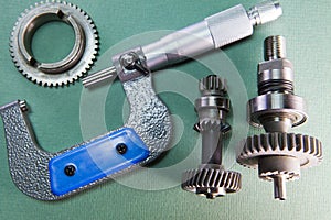 Mechanical micrometer and detail on a green background