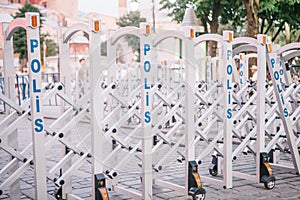A mechanical obstacle with an inscription in Turkish meaning the police. Protection of public order, counteraction to