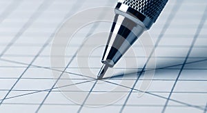 Mechanical pencil drawing lines on graph paper close up