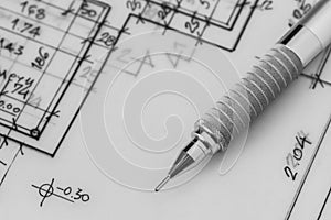 Mechanical pencil on drawing