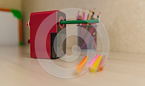 Mechanical pencil sharpener on the table. preparation of school stationery for study