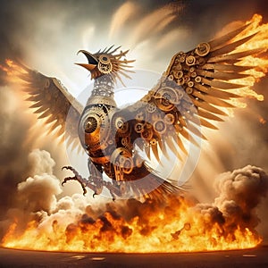 Mechanical phoenix rebirth, AI generated image
