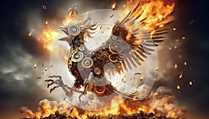 Mechanical phoenix rebirth, AI generated image