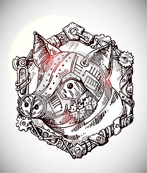 Mechanical pig. Hand drawn vector illustration steampunk style.
