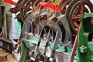 Mechanical railway signalling ,lever frame of the signal box vintage technology