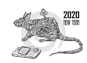 Mechanical rat. Hand drawn steampunk style vector illustration.