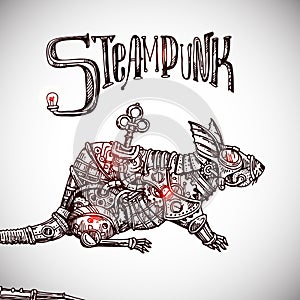 Mechanical rat. Hand drawn steampunk style vector illustration.