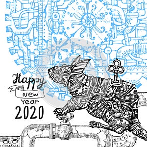 Mechanical rat. Hand drawn steampunk style vector illustration.