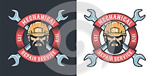 Mechanical repair service with beard man in helmet