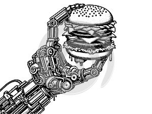 Mechanical robot arm holds a juicy burger. Sketch board imitation. Raster, generative ai.