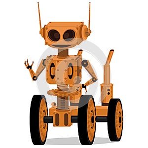 Mechanical robot on wheels in steampunk style. Vector on a white background