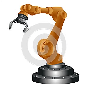 Mechanical robotic arm with gripper isolated on white. photo
