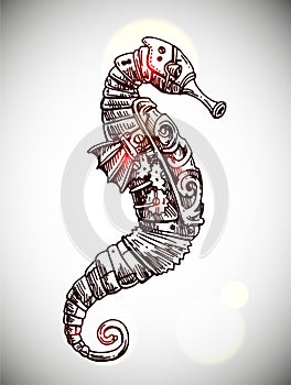 Mechanical seahorse. Hand drawn vector illustration.