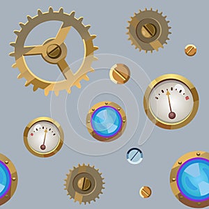 Mechanical seamless colored background of gears and barometers in steampunk style. Vector illustration