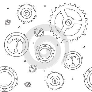 Mechanical seamless linear pattern of mechanisms and barometers in steampunk style. Vector illustration